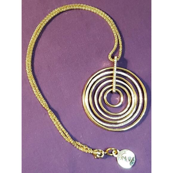 Two Tone Concentric Circles Pendant Chain Necklace Rhinestone Silver & Gold Tone - Picture 2 of 9
